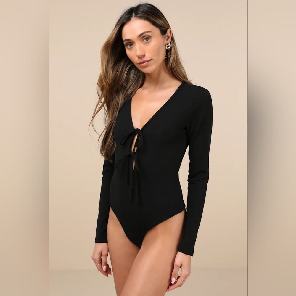 Lovely Ties Black Ribbed Knit Tie-Front Long Sleeve Bodysuit
